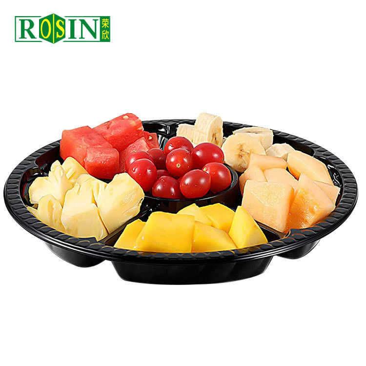 Round Disposable Fruit Packaging Box 6 Cavity Black Based With Anti Fog Clear Lid