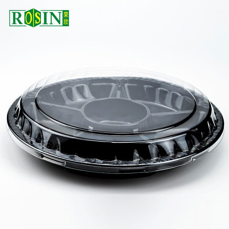 Round Disposable Fruit Packaging Box 6 Cavity Black Based With Anti Fog Clear Lid