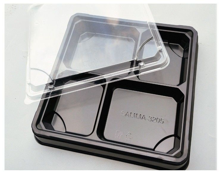 شبكة سوداء النمط الياباني صناديق الوجبات البنتو صناديق السوشي المستخدمة مرة واحدة صندوق الميكروويف PS / ops صندوق الغداء البلاستيكي مع غطاء