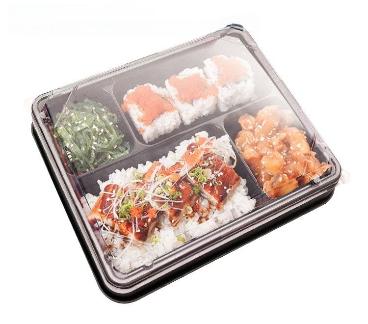 شبكة سوداء النمط الياباني صناديق الوجبات البنتو صناديق السوشي المستخدمة مرة واحدة صندوق الميكروويف PS / ops صندوق الغداء البلاستيكي مع غطاء