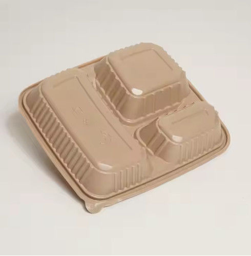 अनुकूलन योग्य 3 विभाजन डिस्पोजेबल कंपोस्टेबल टू-गो कंटेनर हिंज्ड टेक अवे फूड कंटेनर चावल की भूसी डिस्पोजेबल लंच बॉक्स