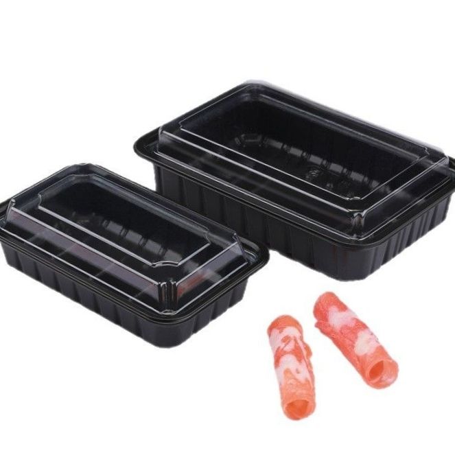 Customized Disposable Black PP Beef And Mutton Roll Packaging Box With PS Transparent Anti Fog Cover Plastic PET Sushi Packaging Takeout Box