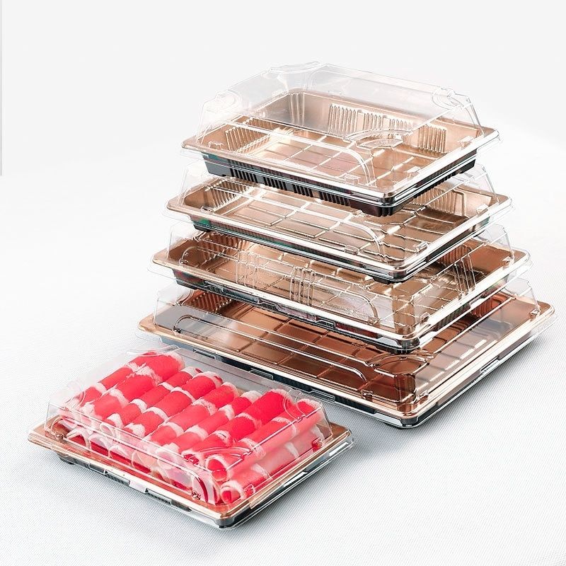 Customized Disposable Golden Beef And Mutton Roll Packaging Box Plastic PP Salmon Sushi Packaging Takeout Box