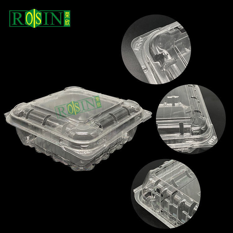 Contenedor de alimentos desechable de plástico PET transparente rectangular tipo concha con tapa para fruta