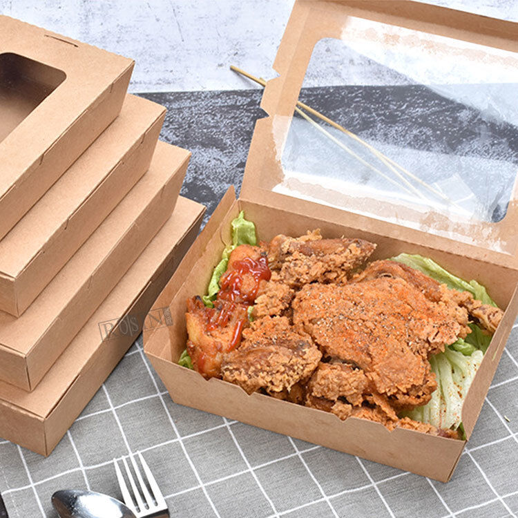 500ml to 2100ml Rectangle Box Kraft Paper Disposable Food Trays with Window for Fried Food