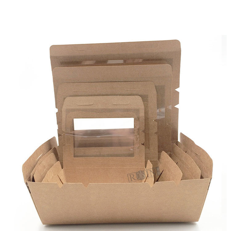 500ml to 2100ml Rectangle Box Kraft Paper Disposable Food Trays with Window for Fried Food