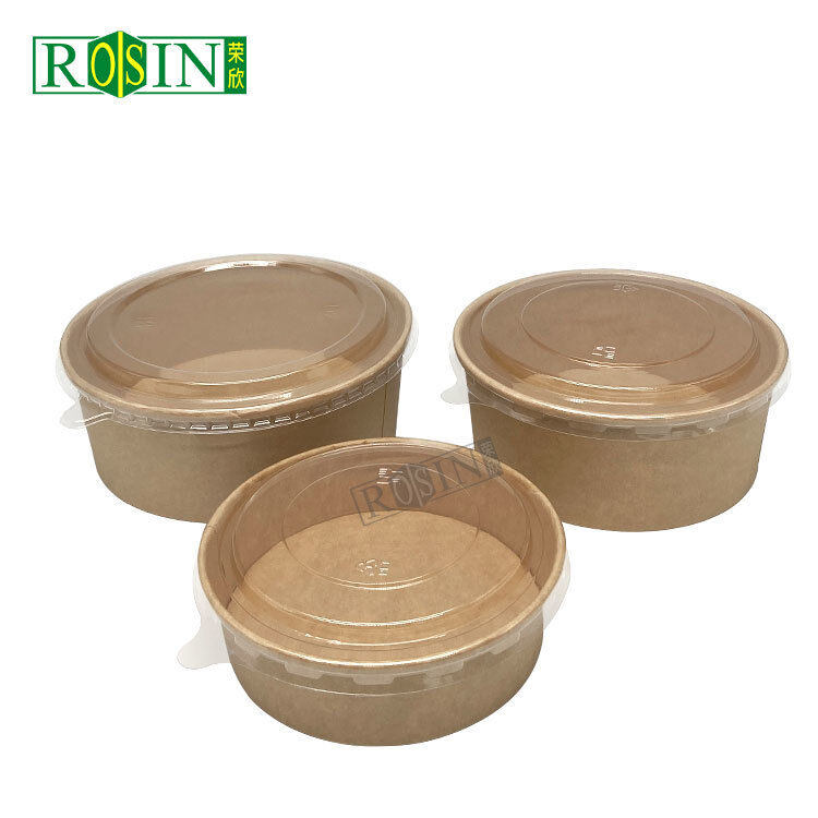 Disposable Salad Bowl Takeaway Containers Kraft Paper Soup Cup Food Packaging with Plastic Lid