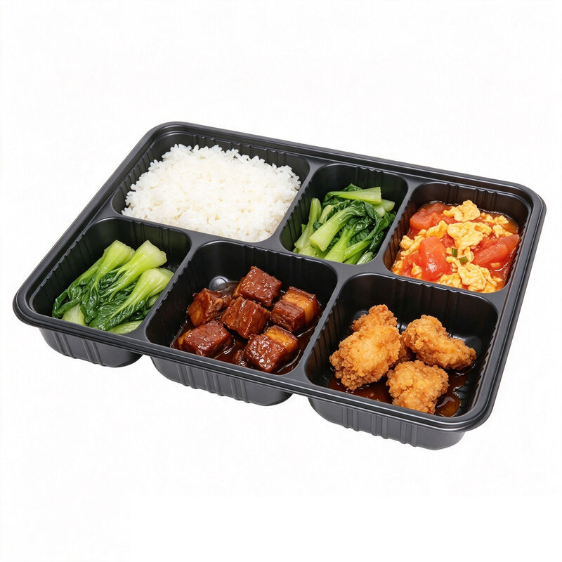1500ml Black PP 5 Compartment Microwavable Meal Box Disposable Rectangle Takeout Bento Container for Restaurant with Clear Lid