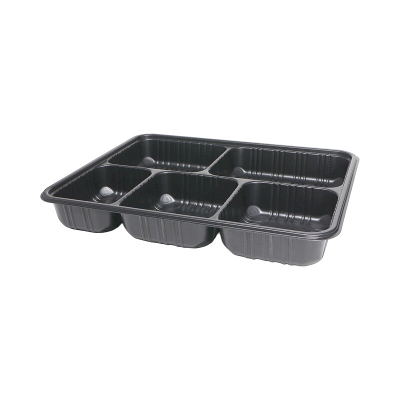 1500ml Black PP 5 Compartment Microwavable Meal Box Disposable Rectangle Takeout Bento Container for Restaurant with Clear Lid